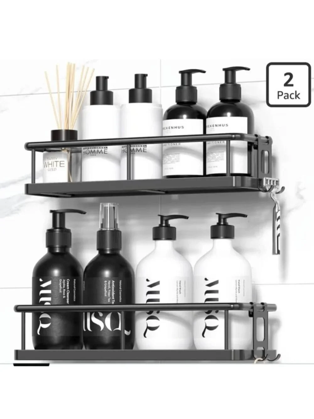 Shower Caddy Adhesive 2-Pack Rustproof No-Drill Bathroom Organizer Shelves Blac